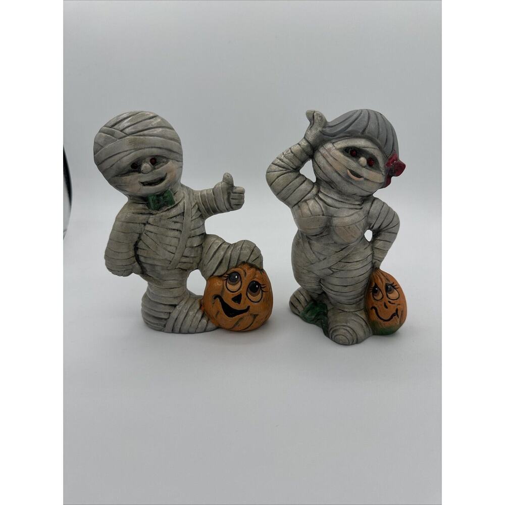 Vintage Halloween Light Up Ceramic Mummies With Pumpkins Light Up Eyes